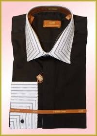 Steven Land Black Shirt with Striped Collar and French Cuffs